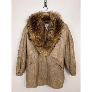 Marvin Richards Vintage Beige Leather Jacket Racoon Fur Trim